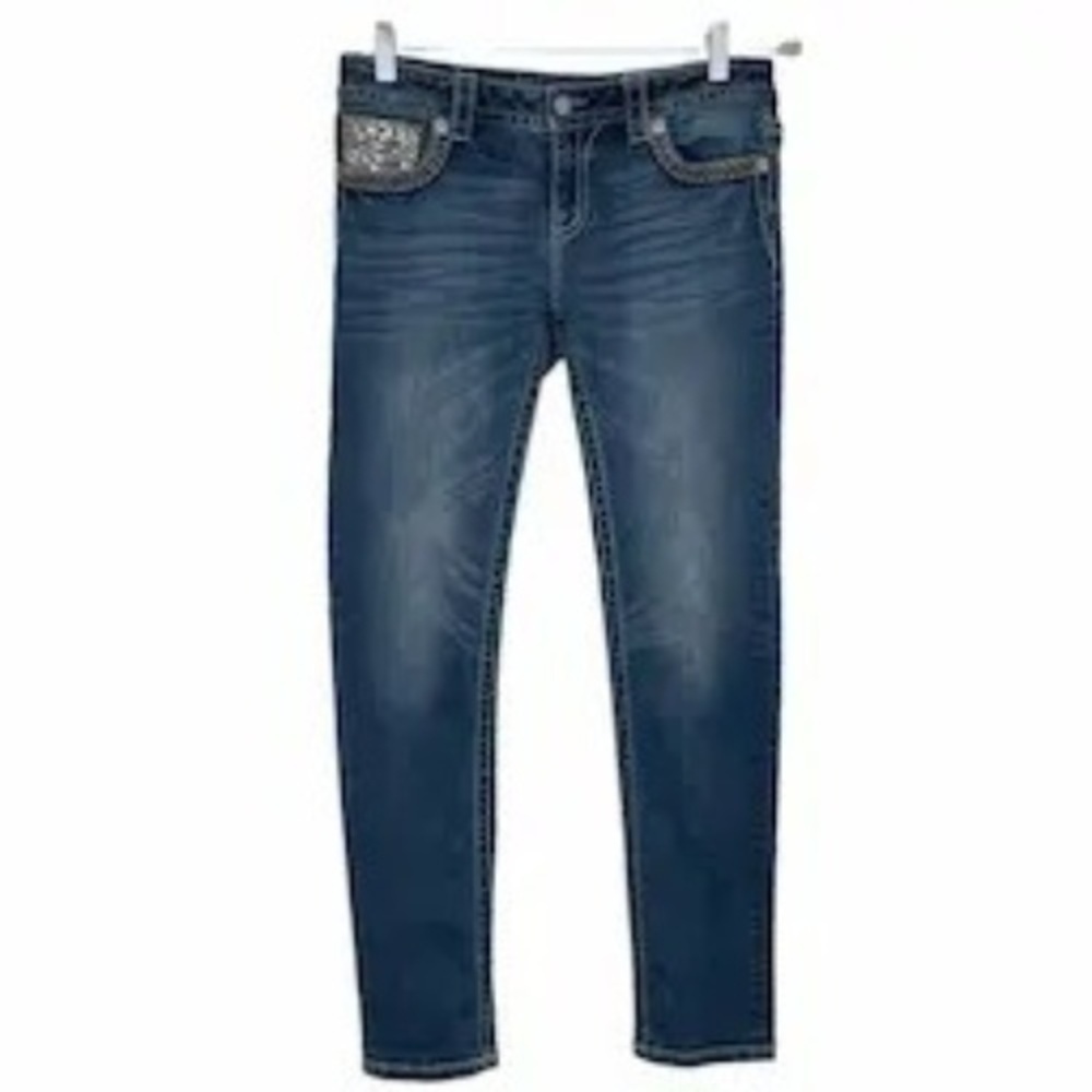 Miss Me Women's Blue Embellished Mid Rise Signature Skinny Denim Jeans Size 29